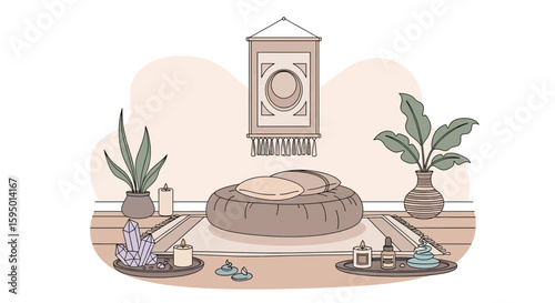Bohemian style meditation space with cushions and plants