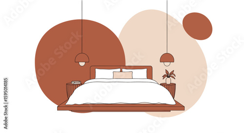 minimalist bedroom with bed, pendant lights, and decorative elements