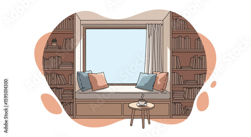 cozy window seat with cushions and bookshelves