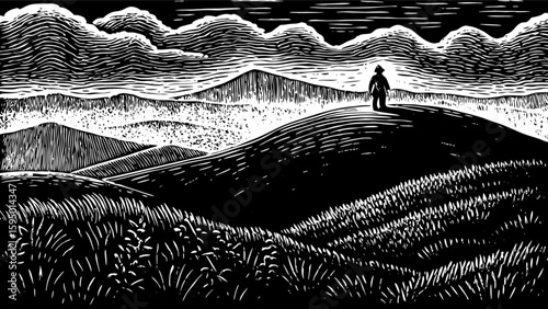 Black and white landscape drawing of mountain range with hiker on hilltop vector illustration art design
