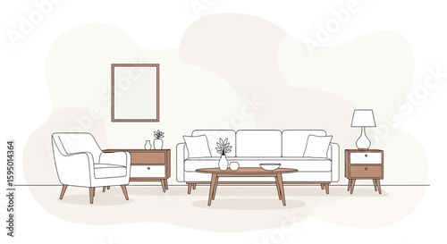 living room with sofa armchair and side tables in minimal style