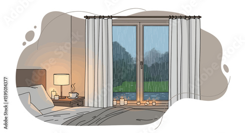 Cozy bedroom with rain outside and candles on windowsill