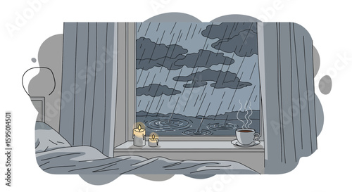 Cozy bedroom with rain view and candles