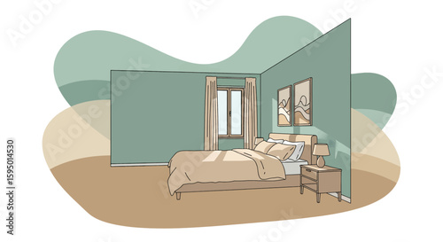 Bedroom interior with bed nightstand and artwork