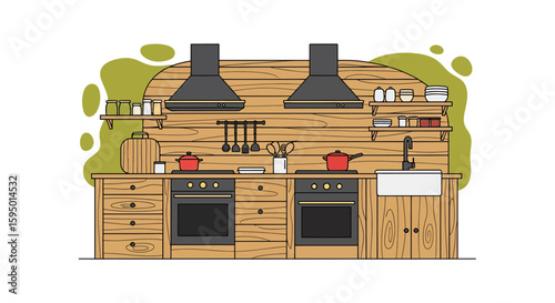 Rustic kitchen with wooden cabinets and black appliances