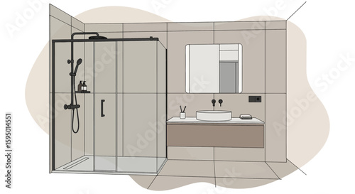 Modern bathroom with shower enclosure and wall-mounted mirror