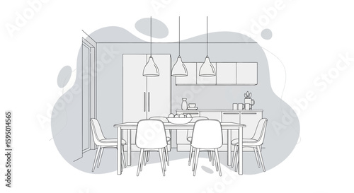 modern kitchen dining space with hanging pendant lights and seating