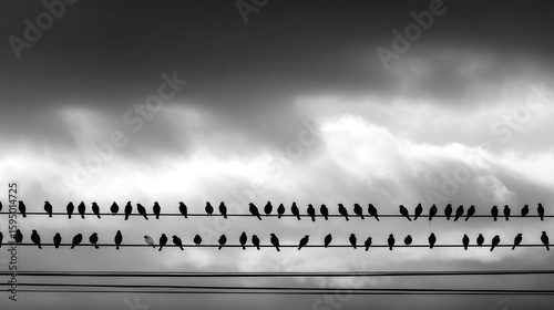Silhouette birds on a power line against a stormy sky