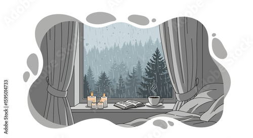 Cozy indoor scene with window overlooking rainy forest landscape
