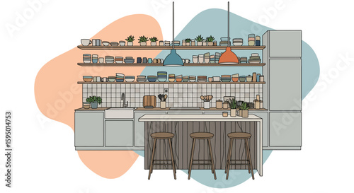 modern kitchen with open shelves and dining area