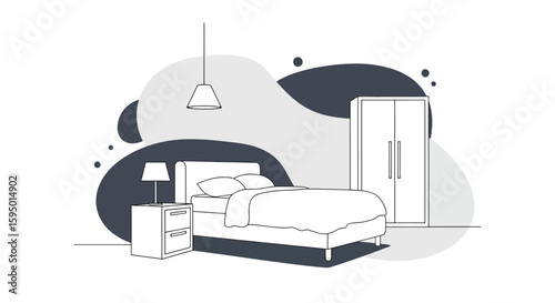 Modern bedroom with bed wardrobe and bedside table