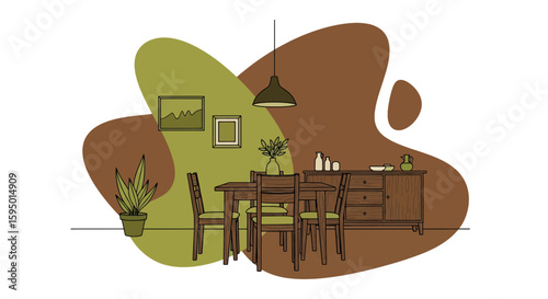 Stylish wooden dining room with plants and artwork background