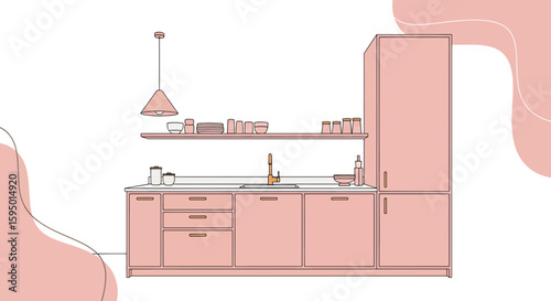 Kitchen cabinet and sink with hanging shelf in pastel pink