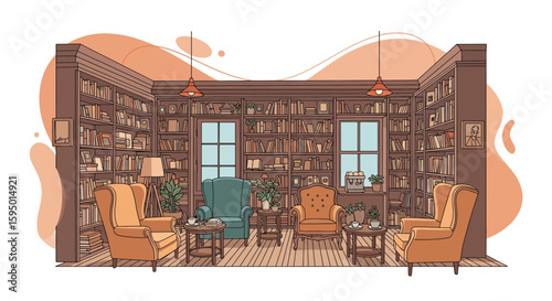 cozy library interior with armchairs bookshelves and plants