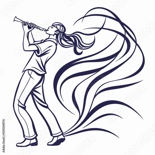 Abstract musician holding instrument with flowing lines, isolated for music or art.