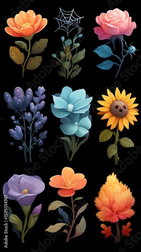 Colorful floral illustrations featuring diverse flowers and plants on a black background