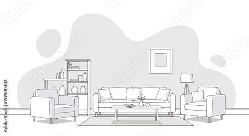 Living room with sofa armchairs and decorative objects in neutral tones