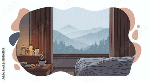 Cozy bedroom with rain outside and candles on a nightstand