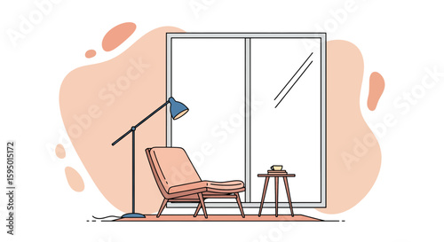 Modern indoor living room with chair and standing lamp