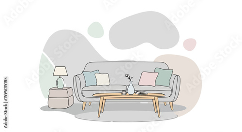 living room sofa with cushions and side table in pastel tones