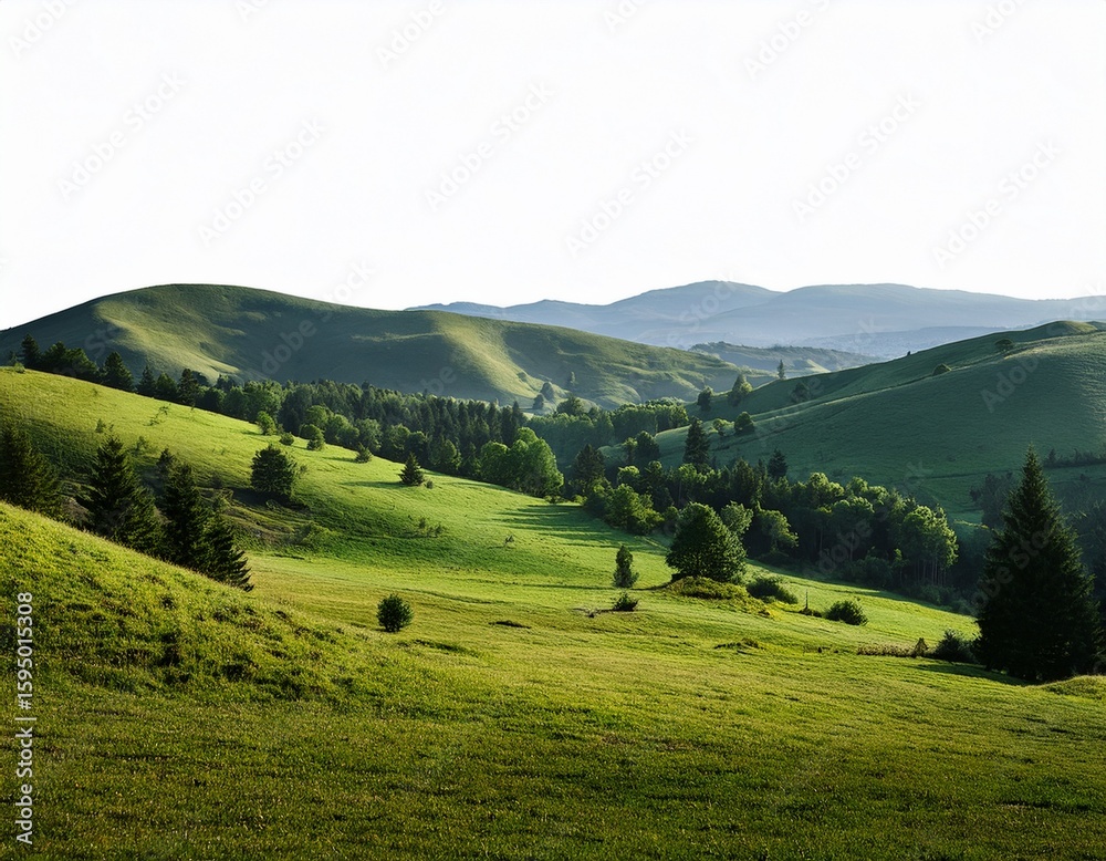 Obraz premium gentle green hills with scattered trees and forest patches isolated on white background
