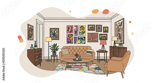 Living room with sofa, armchair, artwork, and decorative items