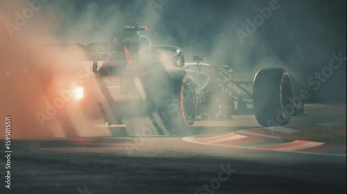 Rear view of a formula one car with smoke billowing out from behind on a dark track surface