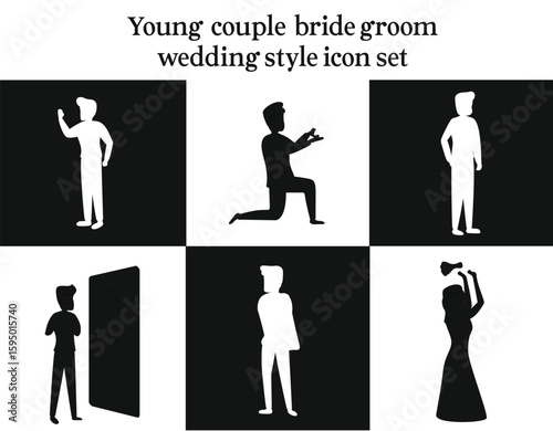 Young couple bride groom wedding style with pose icons set 