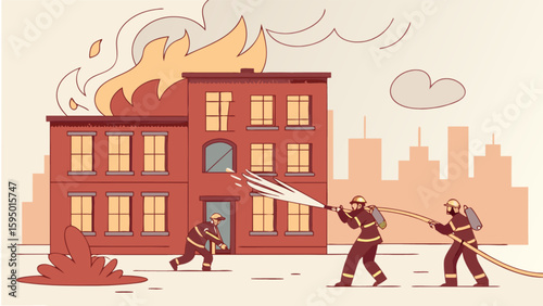 Firefighters extinguishing building fire emergency response safety rescue service danger control hazard 100
