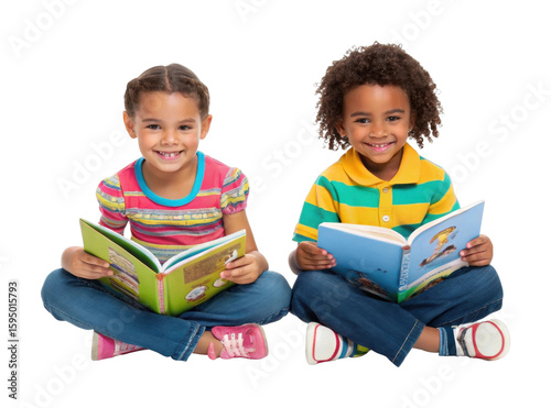Smiling african children reading books together