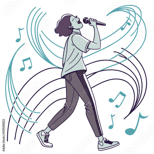 Abstract singer with microphone and flowing vocal lines, isolated for music or performance.