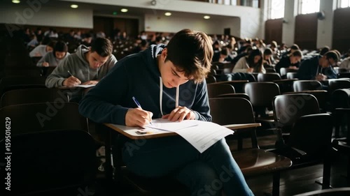 Focused Student Taking Exam in University Lecture Hall: Academic Assessment and Learning Environment