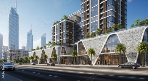 A modern mixed-use building with a unique wavy facade on a sunny city street with skyscrapers.