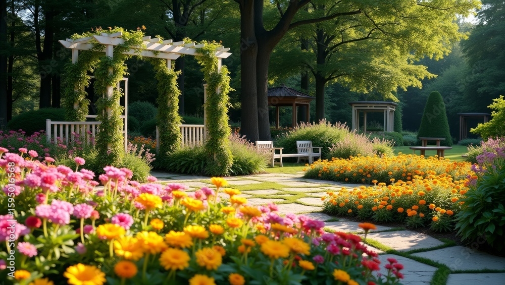 Obraz premium Lush Garden Scene with Floral Beds Arbor Gazebos and Stone Pathway