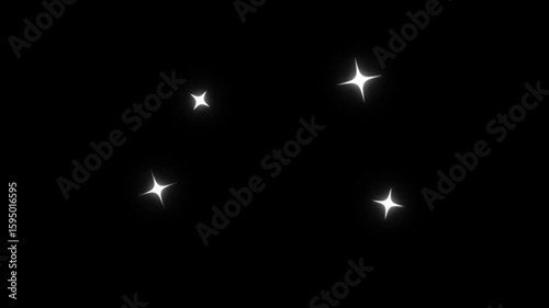 Twinkling stars animation, white cartoon sparkle stars, fast blinking lines, flat vector doodle animation, glowing glitter trail effect, 2D shining motion video on black screen background.