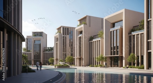 A sunlit modern architectural complex with beige buildings, a serene water feature, and pedestrians strolling.