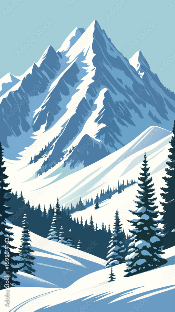 Fototapeta premium Beautiful Frozen Nature with Evergreen Forest Background