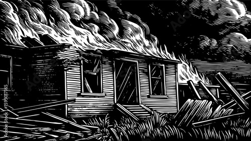 Burning house disaster illustration in black and white for emergency and fire safety awareness campaign