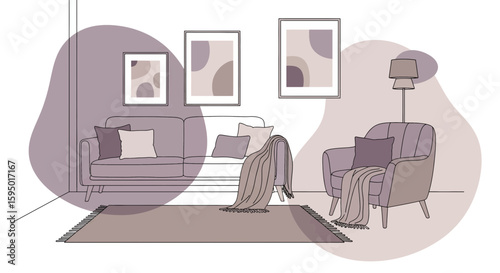 Living room interior with sofa armchair and artwork on wall