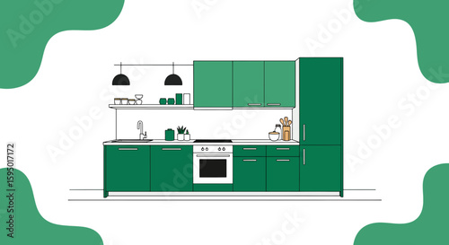 Modern green kitchen with cabinetry and appliances