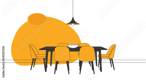 Modern dining room with orange chairs and black table