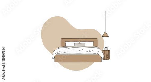Bedroom with bed headboard and side table in neutral tones