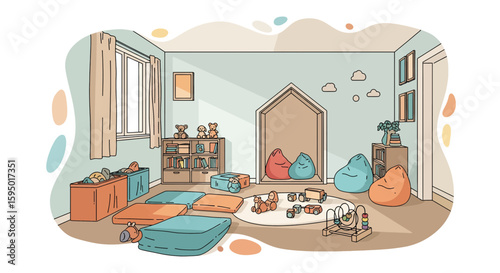 Children's playroom with soft seating and toys