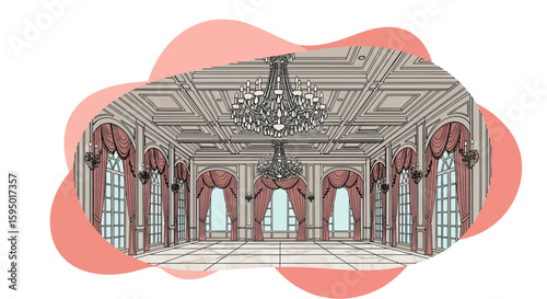 Elegant grand hall with chandeliers and tall windows