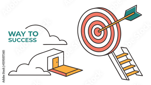 Way to success concept with target achievement and ladder to reach goals and open door path