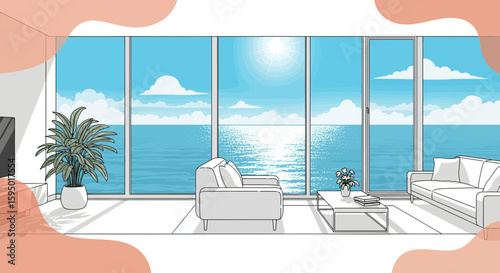 Modern living room with ocean view and large windows