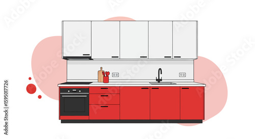 Modern kitchen with red lower cabinets and white upper cabinets