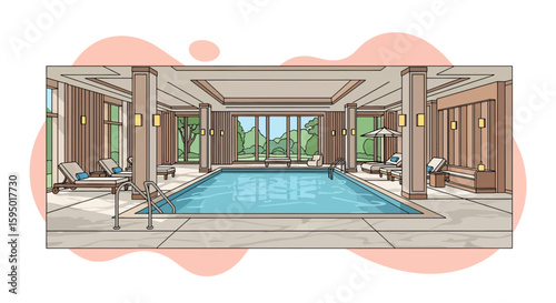 Indoor swimming pool with lounge chairs and large windows