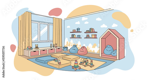Colorful children's playroom with toys and cozy corner