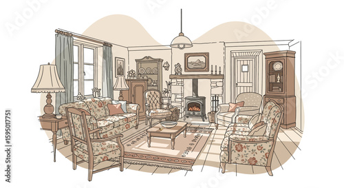Living room with vintage furniture and cozy fireplace scene